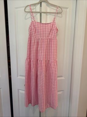 J Crew Pink Gingham Tiered Midi Dress